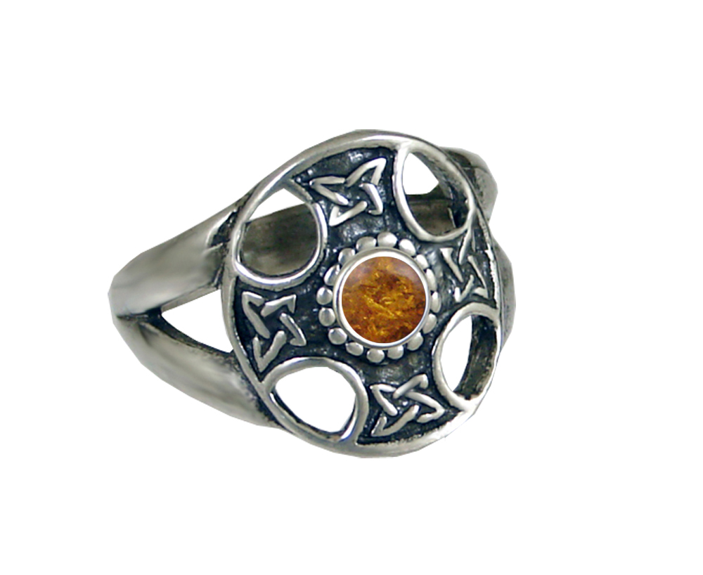 Sterling Silver Celtic Solar Cross Ring With Amber Size 12